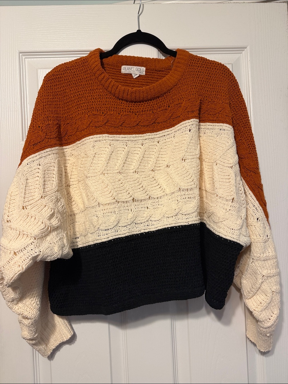 Planet Gold Rust, Cream & Black Cable-Knit Colorblock Sweater